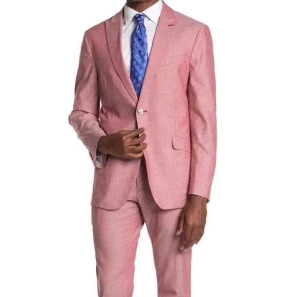 SAVILE ROW CO Mens Hoxton Slim Chambray 2-Piece Suit 40S Red Cotton NWT - Picture 1 of 16